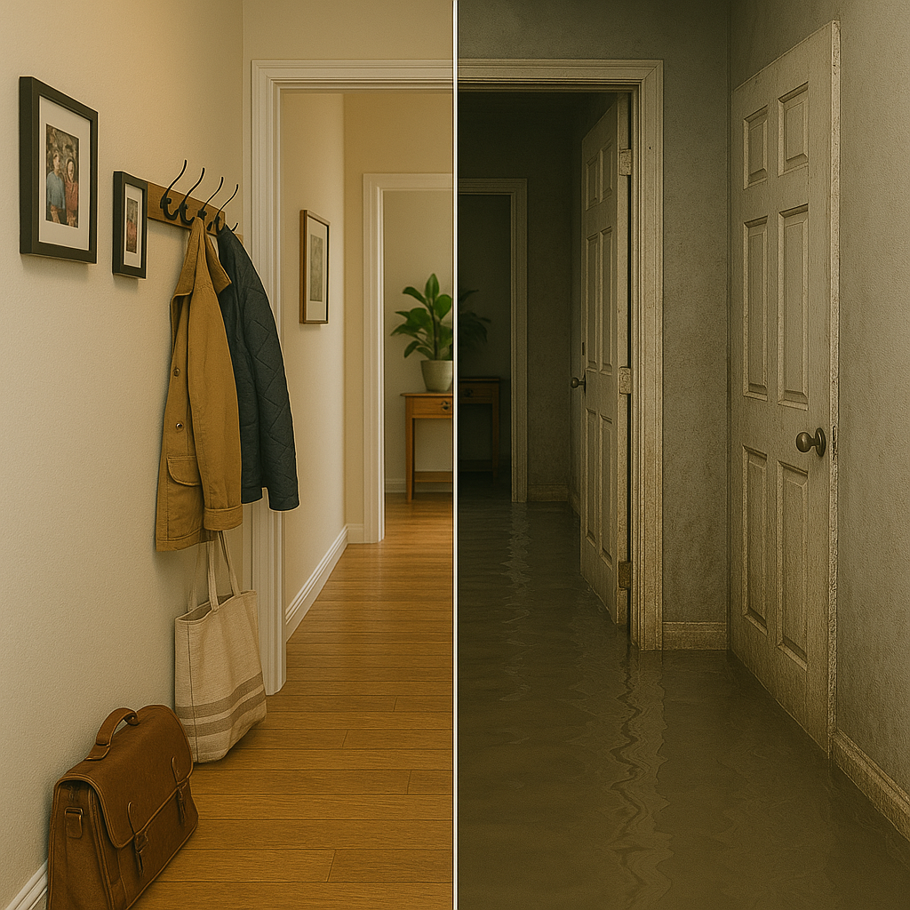 avant-apres-inondation-interieur-maison-protection-wellora Avant/après d’un couloir de maison avec et sans protection contre les inondations