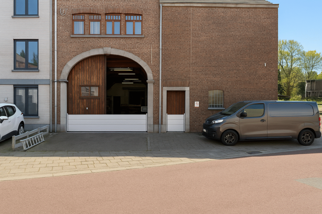 barrieres-inondation-entree-garage-porte-batiment-industriel-wellora Façade d’un bâtiment équipé de deux barrières anti-inondation Wellora sur des ouvertures de tailles différentes