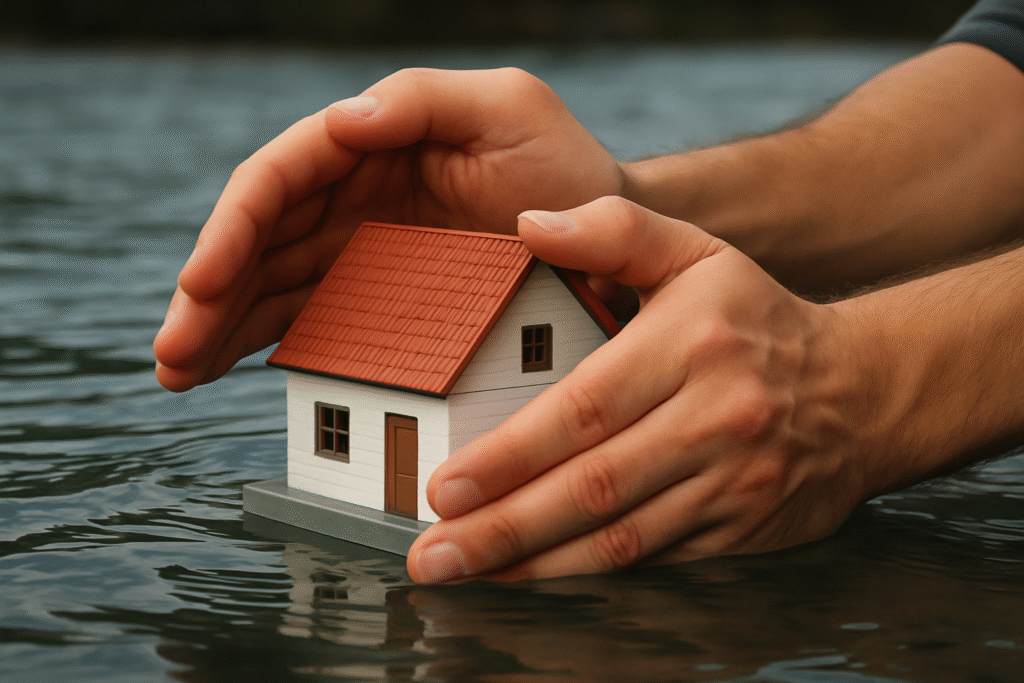 protection-maison-inondation-visuel-symbolique-wellora Mains entourant une petite maison sur l’eau pour symboliser la protection contre les inondations