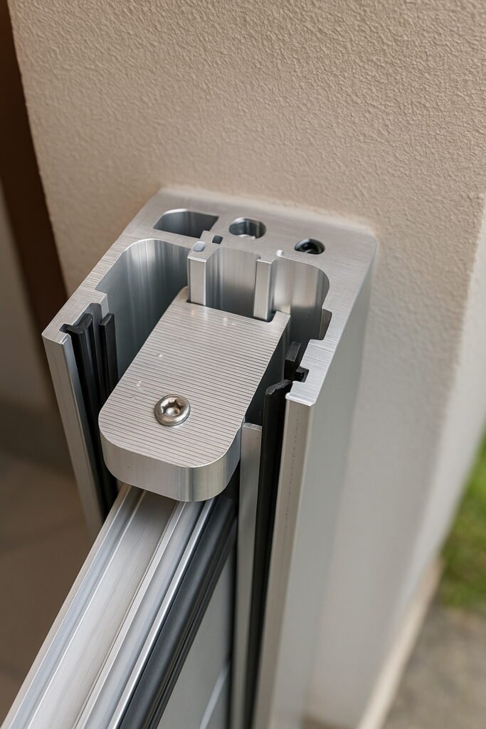 système-fixation-barriere-anti-inondation-aluminium-wellora Vue rapprochée du système de fixation en aluminium d’une barrière anti-inondation Wellora